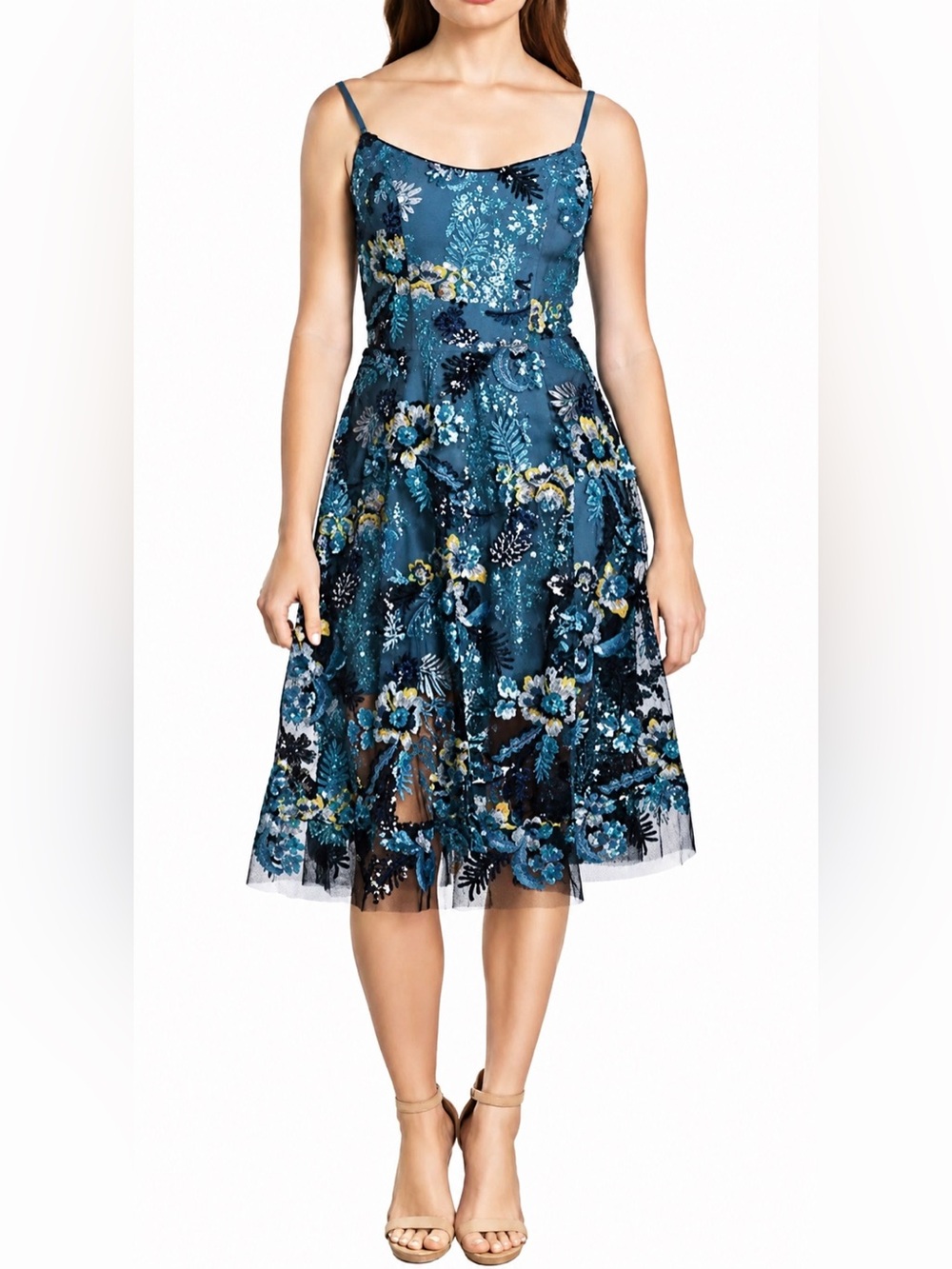 Dress The Population Umalina Floral Embroidered Fit & Flare Midi Dress L